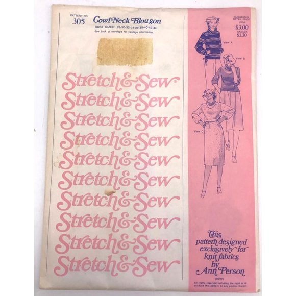 UNCUT Vintage Sewing PATTERN Stretch and Sew 305 by Ann Person, Ladies 1977 Cowl - Picture 1 of 2